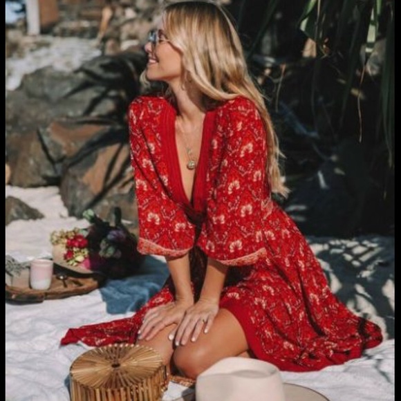 Spell Dresses & Skirts - SALE Spell jewel soirée faux wrap red floral dress